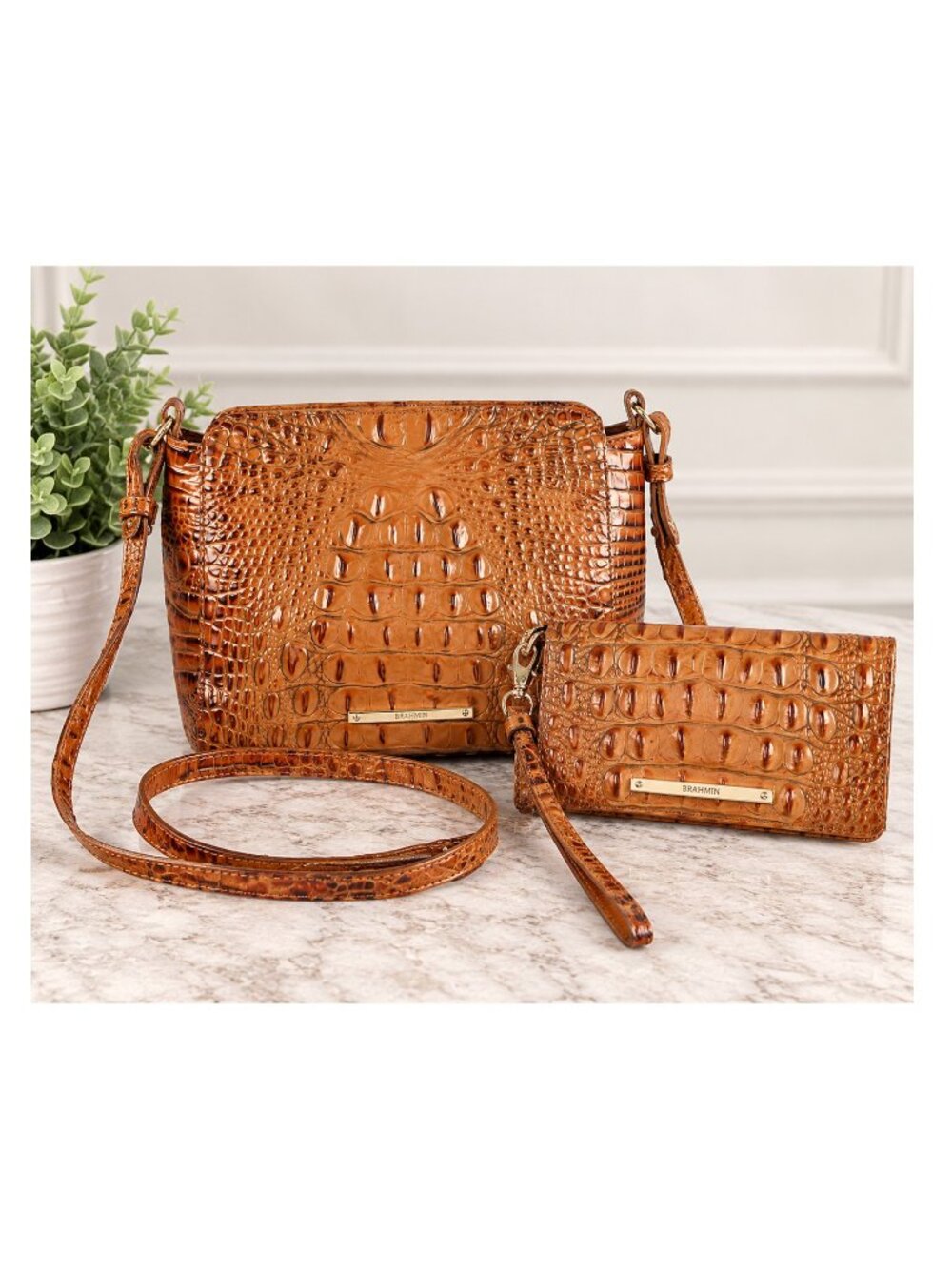Brahmin Brown Croc Embossed Leather Crossbody Bag & Wristlet Wallet Set